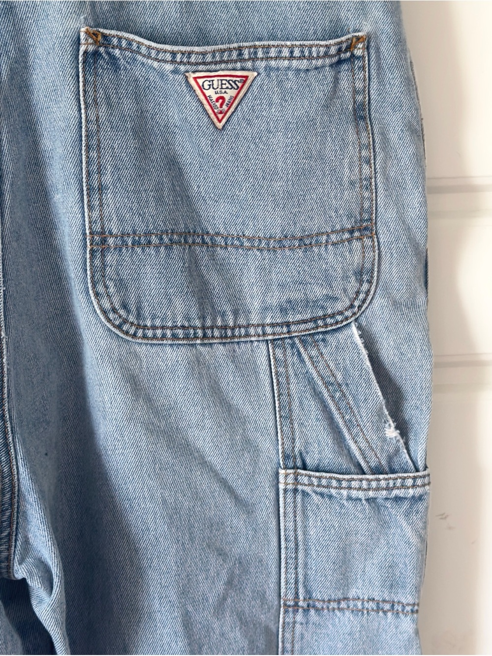 Vintage 90s Guess Denim Bib Overall Large Blue Slouchy Straight Leg Buckle Strap - Picture 9 of 16